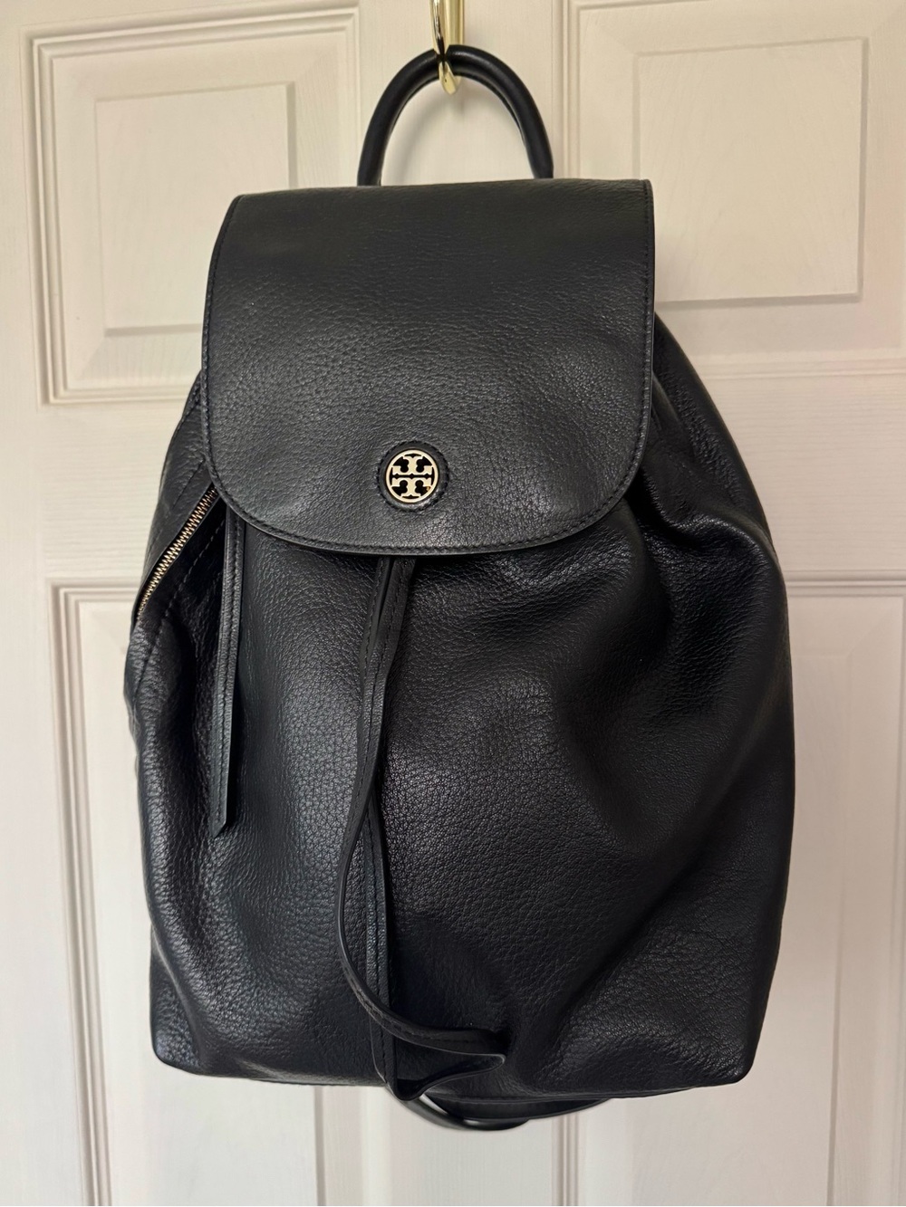 Tory Burch Black Leather Drawstring Backpack with Gold hardware